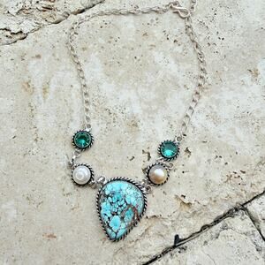 Large Turquoise Pearl Statement Necklace Sterling Silver Overlay